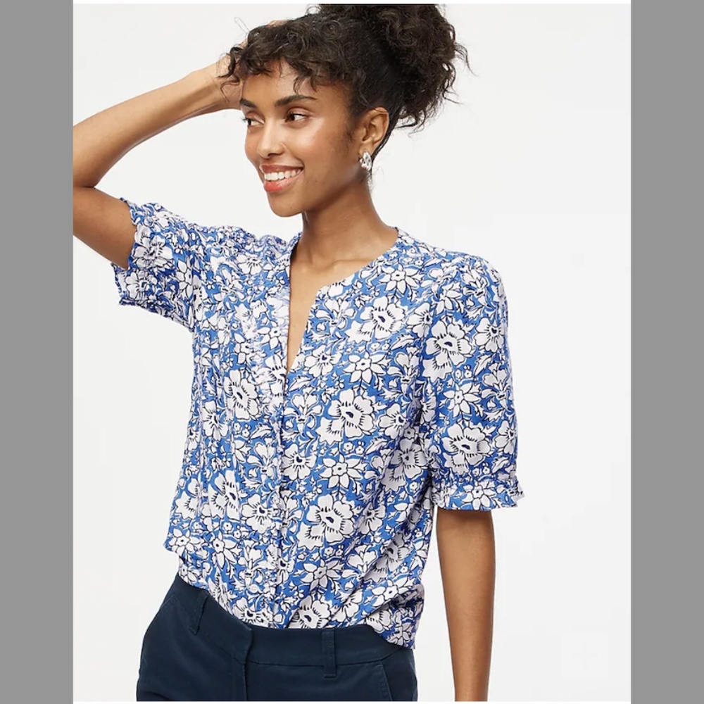 J Crew Factory Linen-blend Ruffle Top With Puff Sleeves in size M
